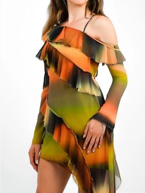 ASOS One-Shoulder Asymmetrical Ruffle Dress in Orange, Green, Black